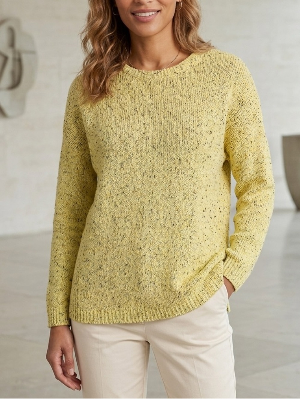 J. Jill Marled Yellow Women’s Drop Shoulder Spring Cozy Crewneck Knit Sweater
